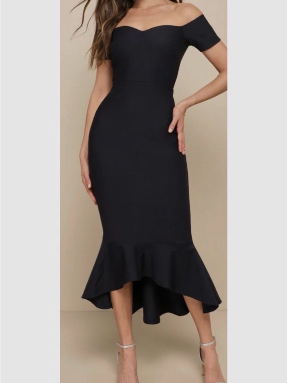 Lulu's Black Off-Shoulder Mermaid-Hem Midi Dress